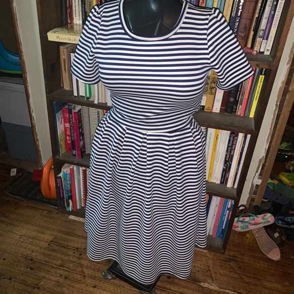LuLaRoe Dresses & Skirts - Lularoe nautical blue & white striped stretchy fit & flare M Amelia dress